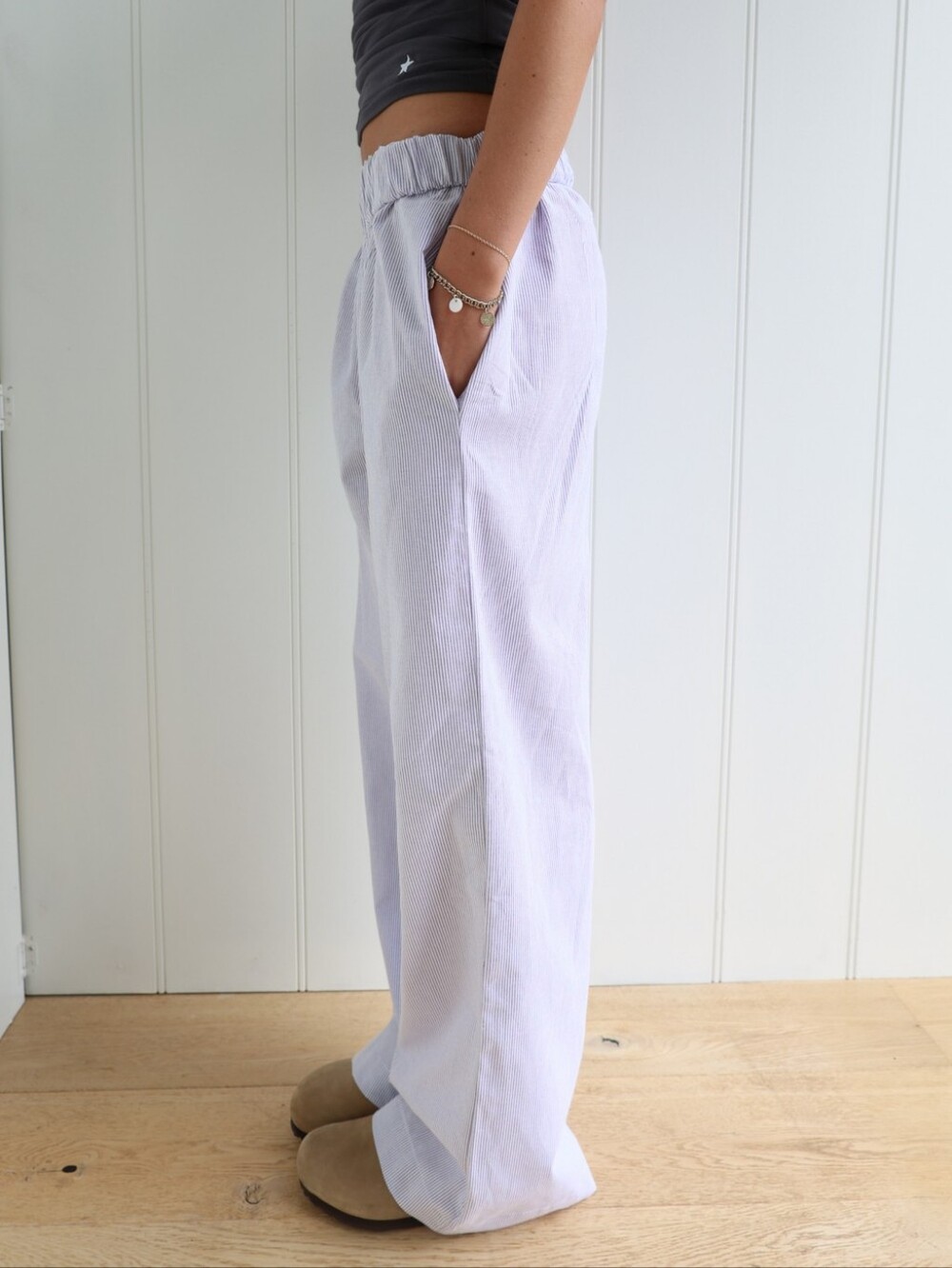 Studio Seven Designs Blue Stripe Poplin Cotton Foldover Lila Lounge Pants Sm — image 5 of 8